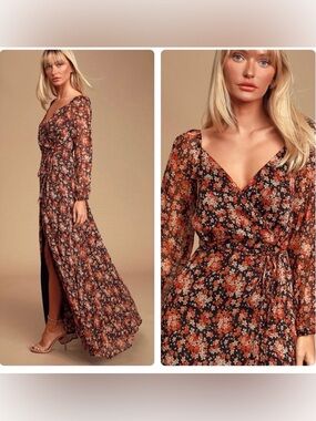 Lulu's Red and Black Floral Print Chiffon Wrap Maxi Dress